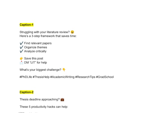 write engaging captions and hashtags for phd, masters instagram